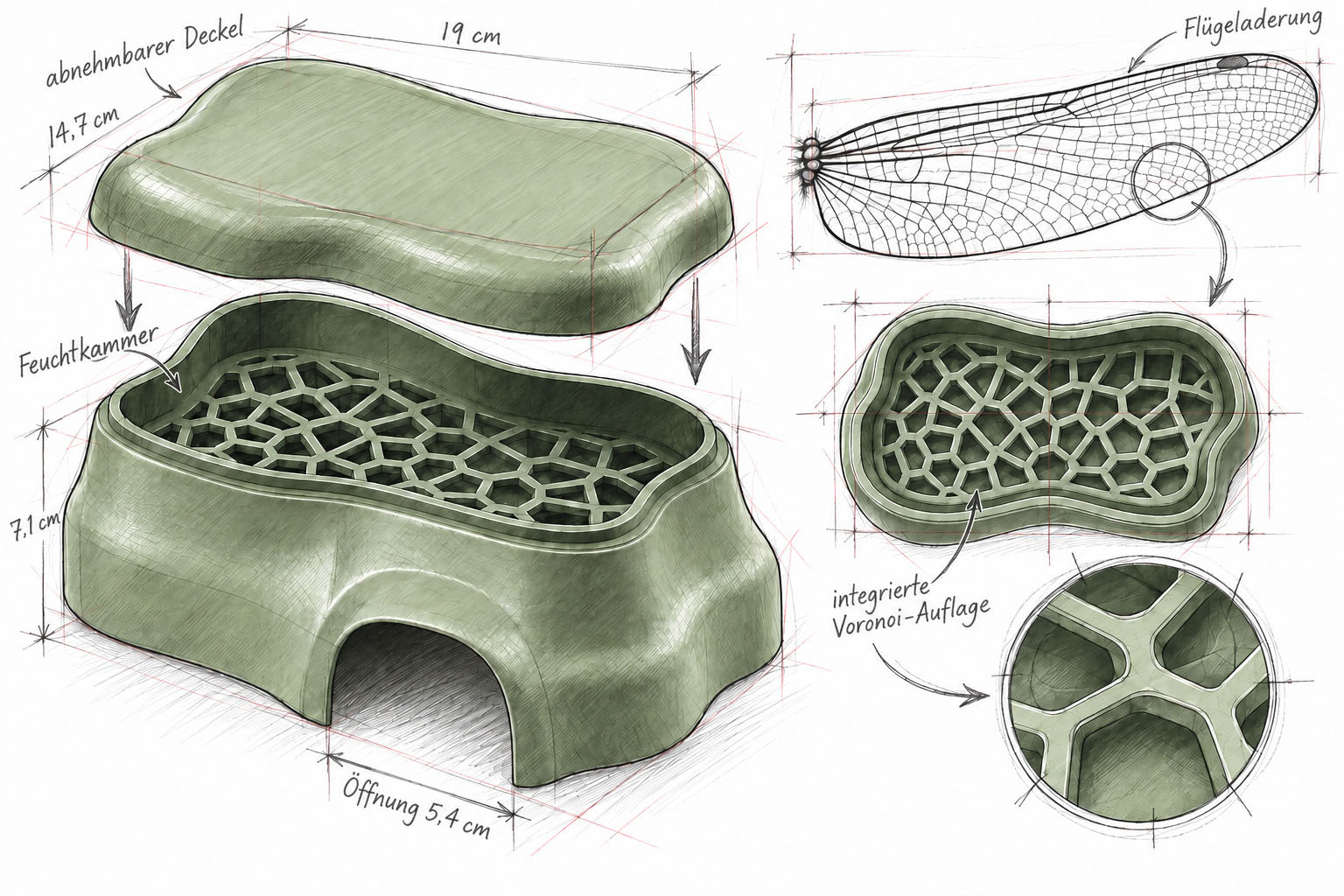 Deutsch beschriftete Zeichnung der BIOTIC Feuchtraumh&ouml;hle mit abnehmbarem Deckel, Feuchtkammer, integrierter Voronoi-Auflage und Inspiration durch Fl&uuml;geladerung
