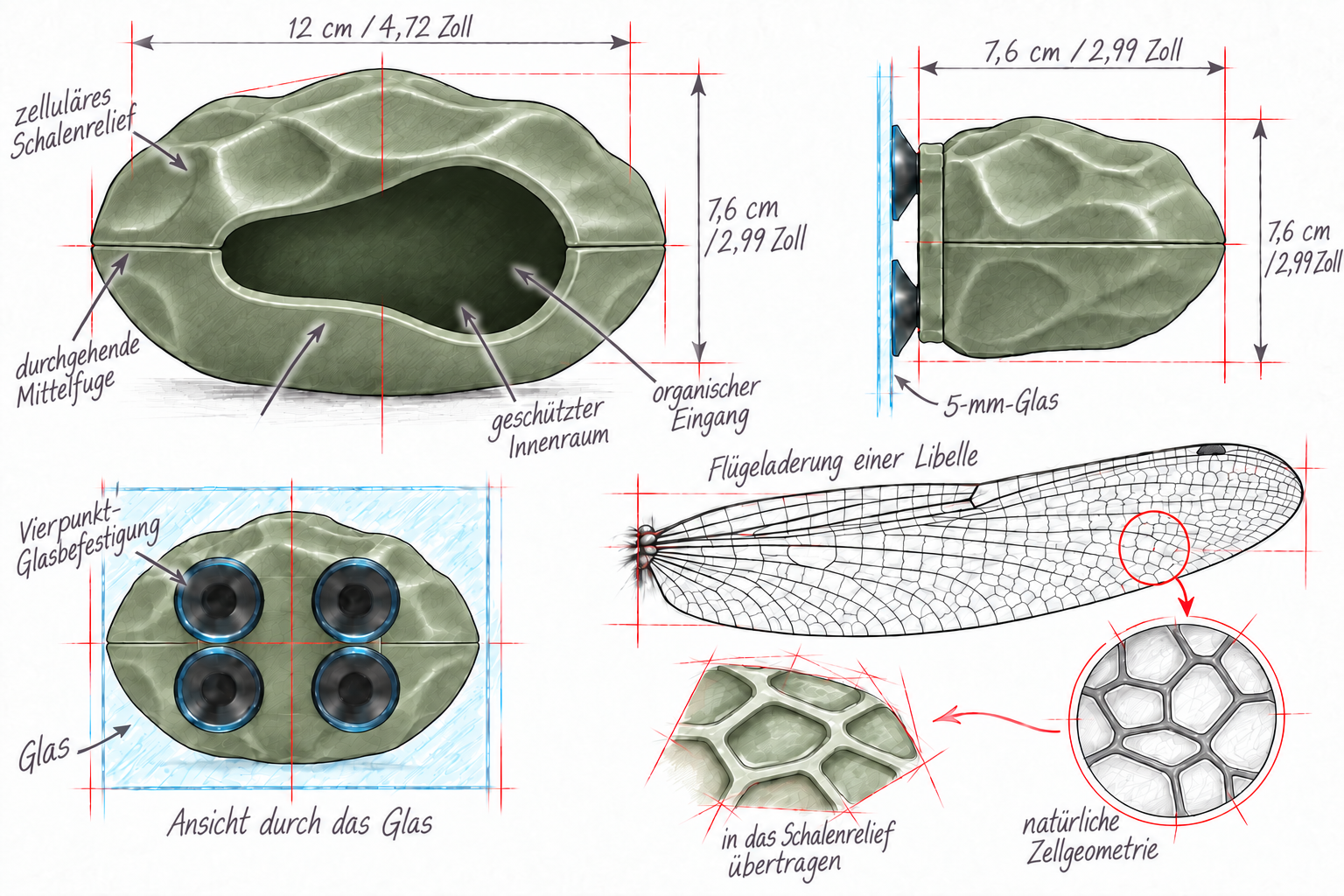 Deutsch beschriftete Zeichnung des BIOTIC H&auml;ngeverstecks mit Zellrelief der Au&szlig;enh&uuml;lle, organischem Eingang und Vierpunktbefestigung an der Scheibe