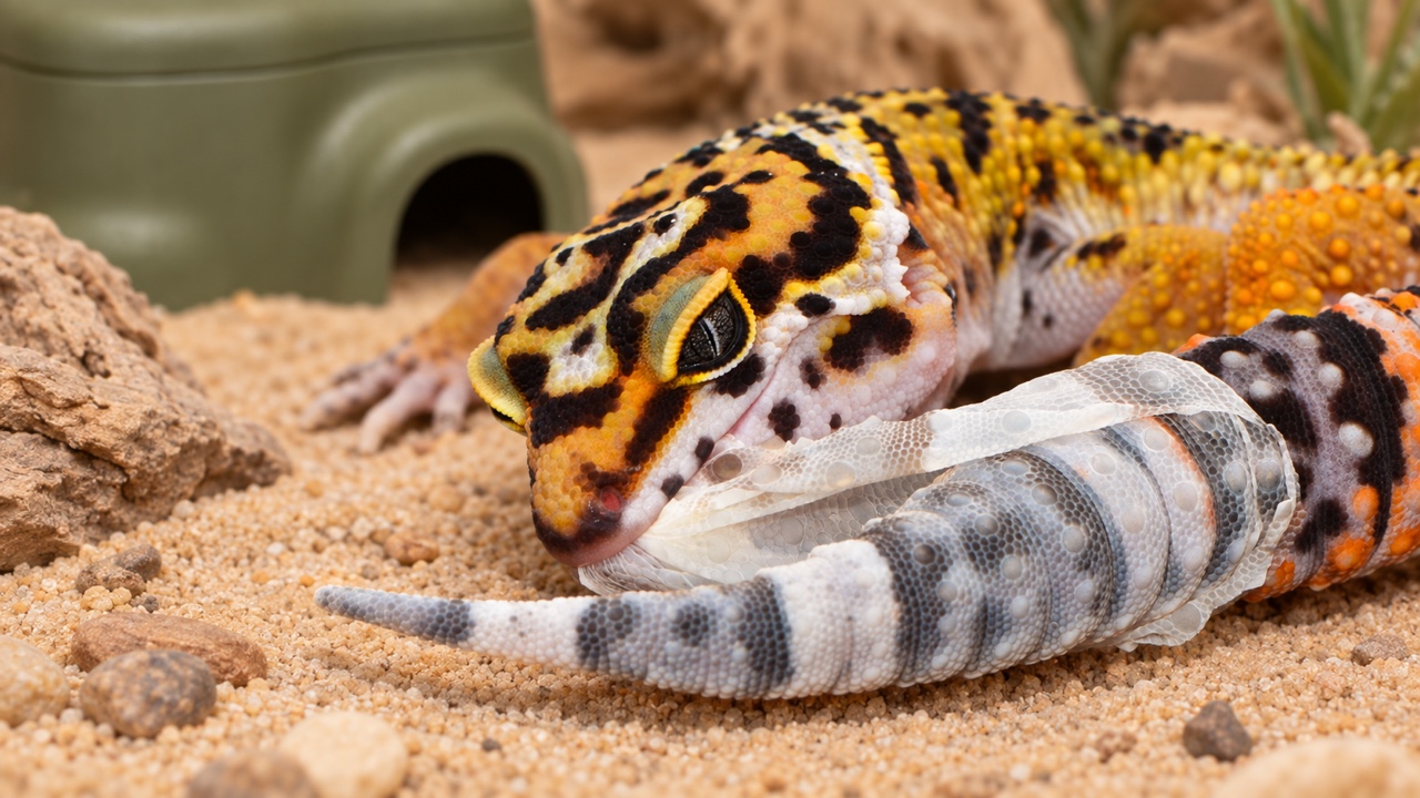 Leopardgecko, der neben der BIOTIC Feuchtraumh&ouml;hle von Exo Terra in einem sandigen Terrarium alte Haut abstreift