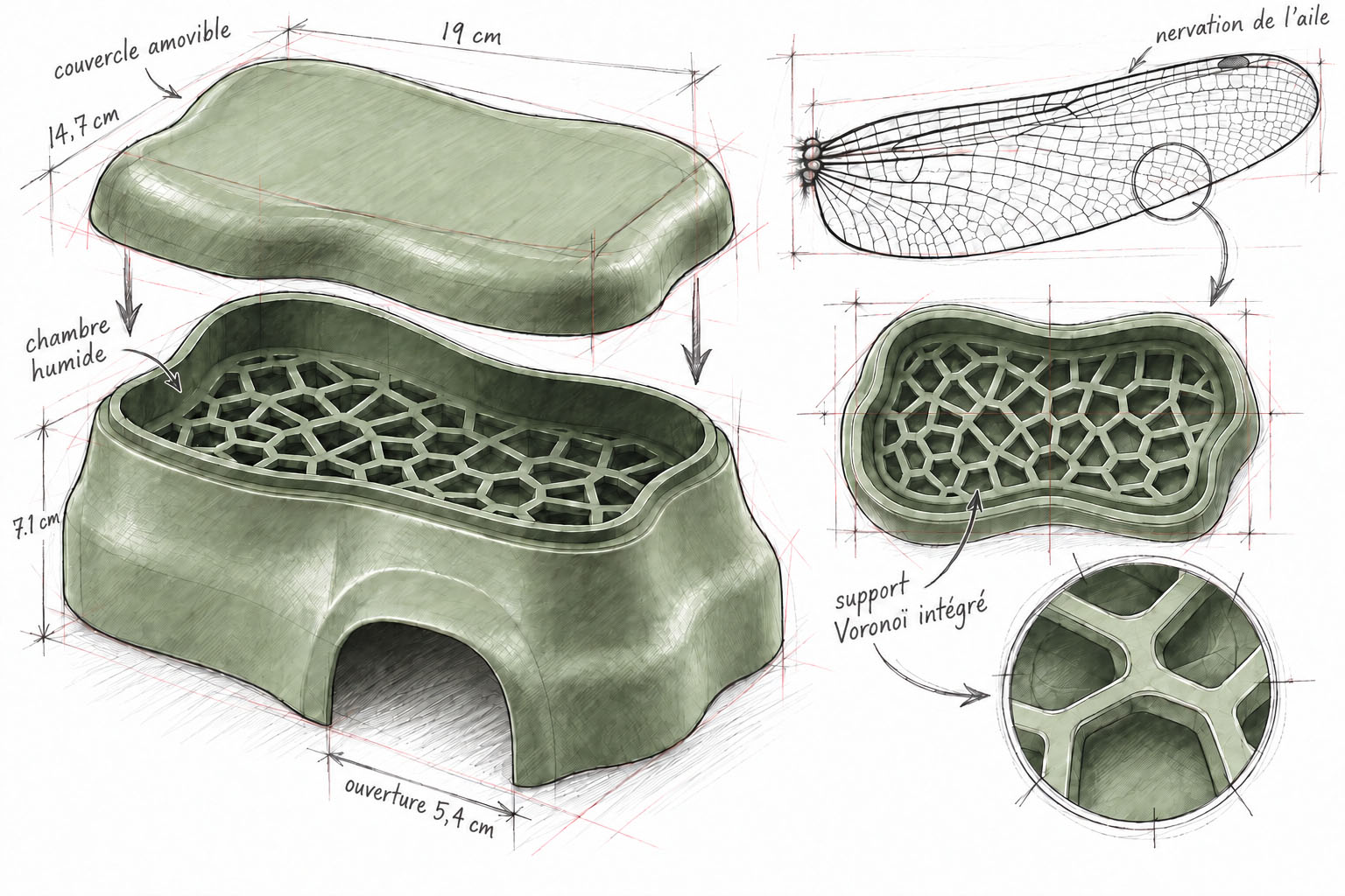 Dessin de la cachette humide BIOTIC l&eacute;gend&eacute; en fran&ccedil;ais, montrant le couvercle amovible, la chambre humide, le support Vorono&iuml; et l&rsquo;inspiration tir&eacute;e de la nervation d&rsquo;une aile