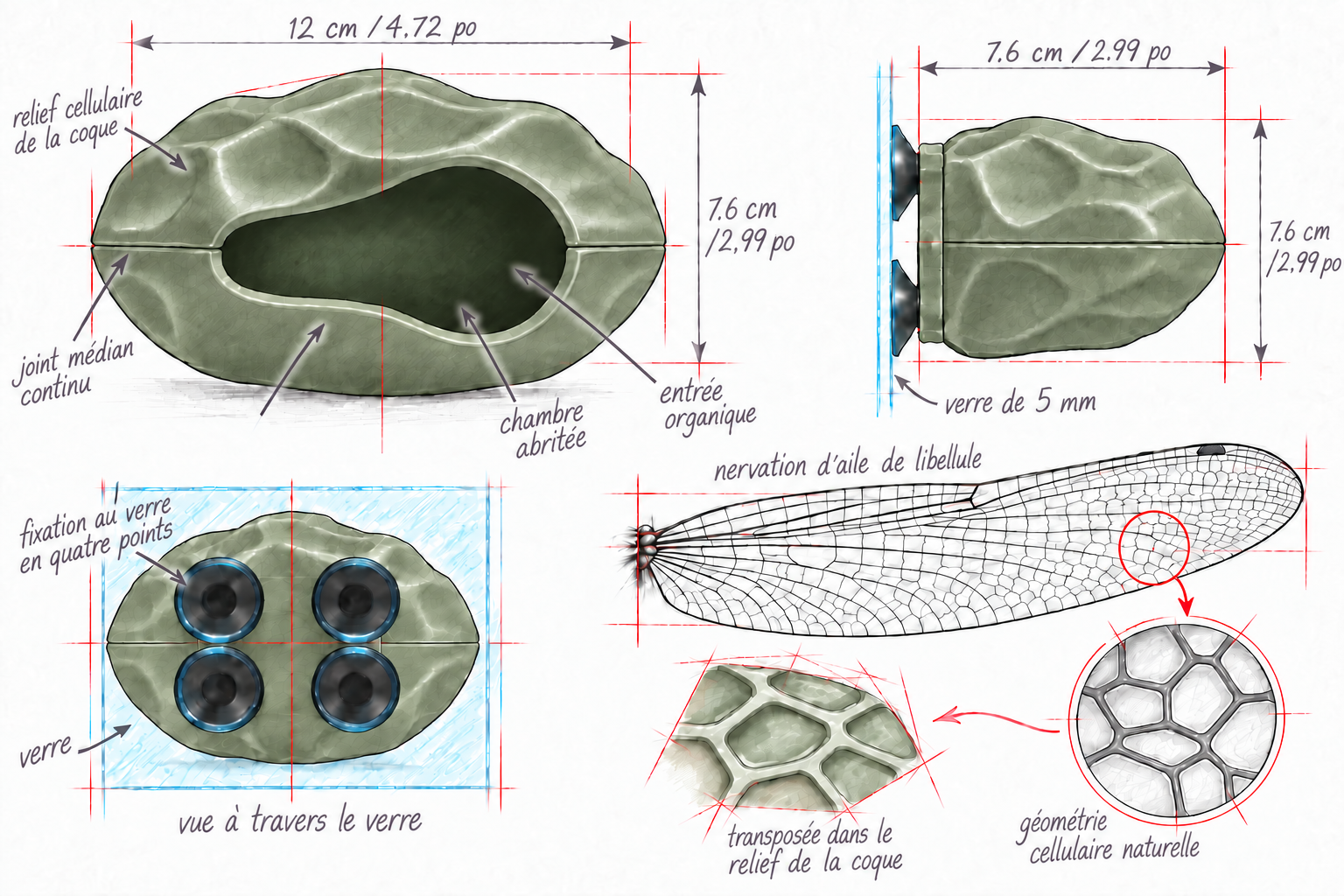 Dessin de la cachette suspendue BIOTIC montrant le relief cellulaire de sa coque, son entr&eacute;e organique et son syst&egrave;me de fixation sur vitre &agrave; quatre points