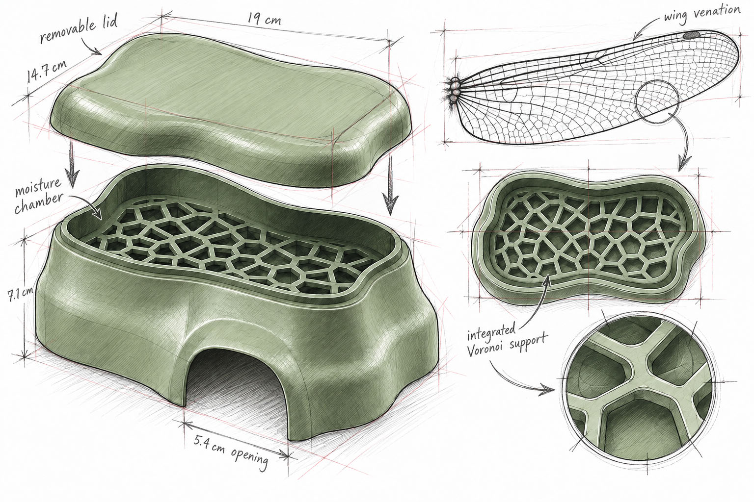 English-labelled BIOTIC Humid Hide drawing showing the removable lid, moisture chamber, Voronoi support and wing-venation inspiration