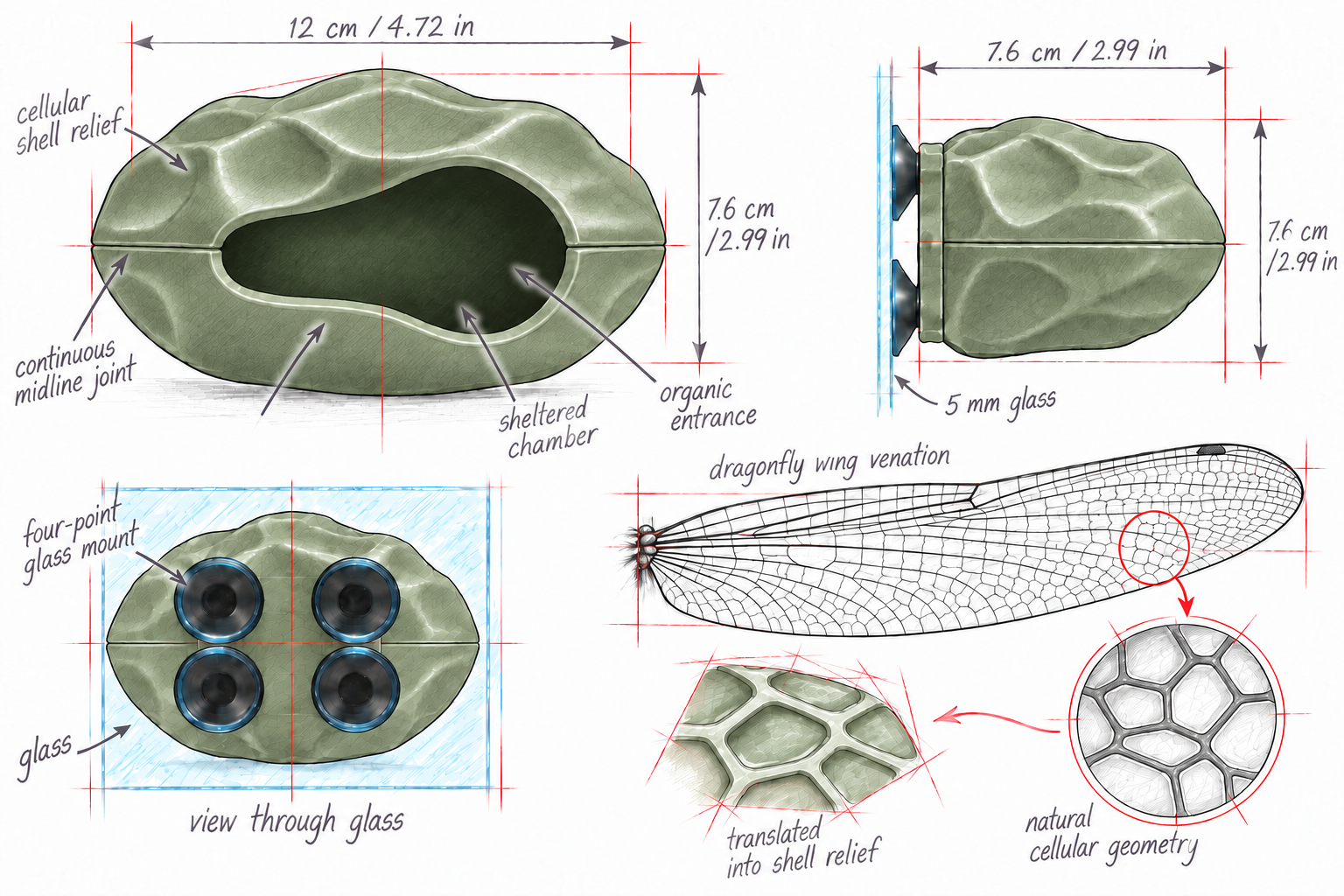 BIOTIC Hanging Hide design drawing showing its cellular shell relief, organic entrance and four-point glass mount