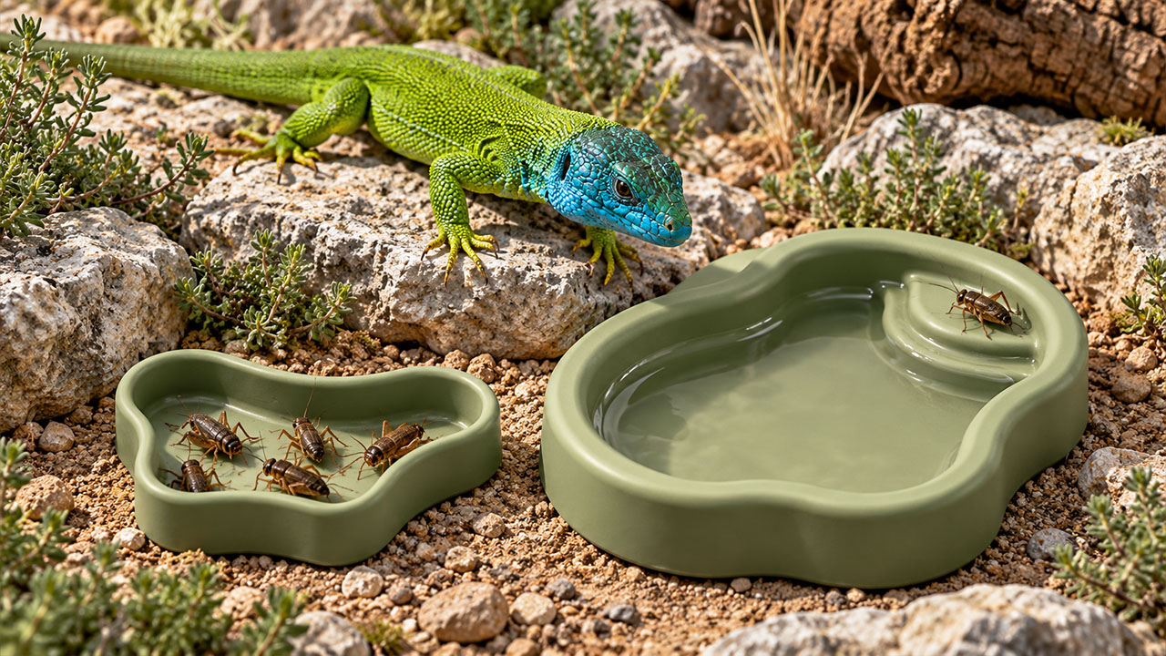 Side view of the two separate BIOTIC food and water dishes in matching olive green