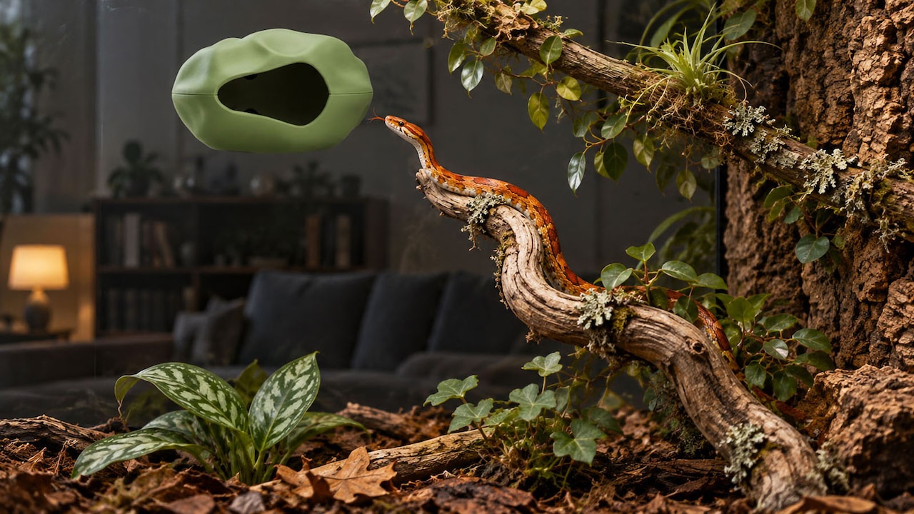Corn snake climbing a branch beside the Exo Terra BIOTIC Hanging Hide mounted above the terrarium floor