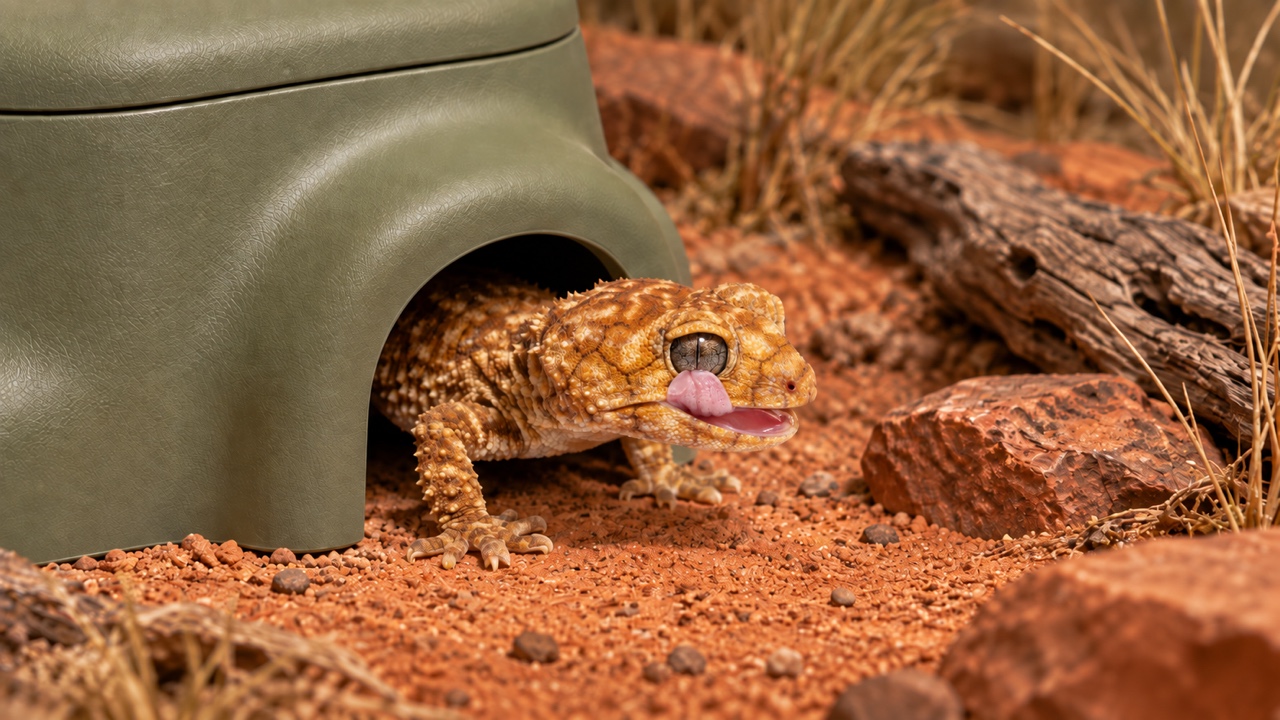 Orange gecko emerging from the olive-green Exo Terra BIOTIC Humid Hide in a naturalistic terrarium