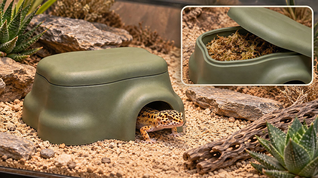 Leopard gecko at the entrance of the Exo Terra BIOTIC Humid Hide, with an inset showing moss beneath the removable lid
